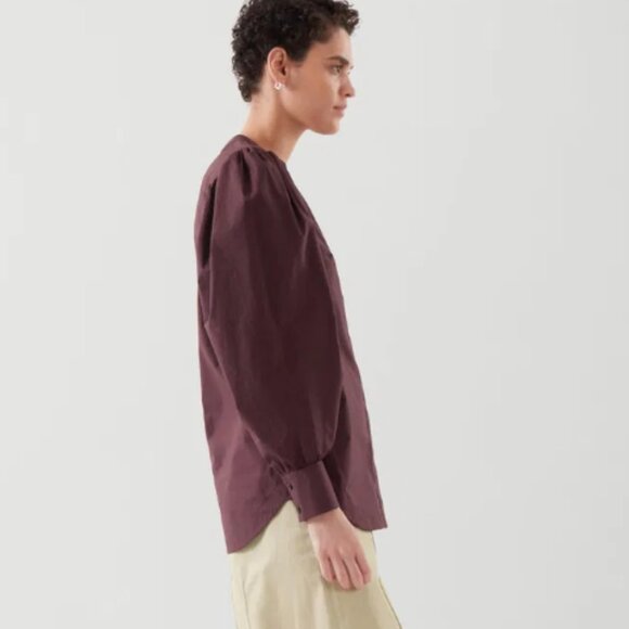 COS Puff-Sleeve V-Neck Cotton-Stretch Burgundy Minimalist Blouse EU 36 US S - Picture 3 of 10